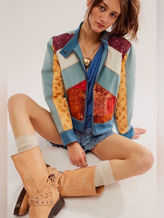 Free People Jackets & Blazers - Free People Denim Sunset Patchwork Extravaganza Racer Moto Jacket ‼️RARE‼️ NWT